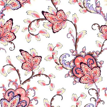 Seamless paisley pattern with pink baroque leaves and flowers. Floral textile Stock Illustration