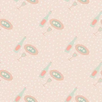 Seamless pale pattern with dinner ornament in pink pallete. Hand drawn bottle Stock Illustration