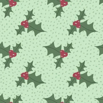 Seamless pale pattern with green mistletoe shapes. Christmas branches on dott Stock Illustration