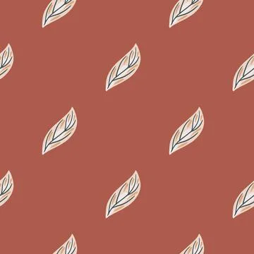 Seamless pale pattern with grey outline leaves ornament. Coral background. Ha Stock Illustration