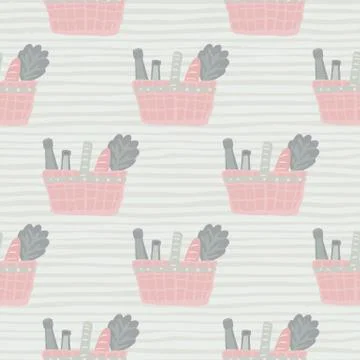 Seamless pale pattern with pink product basket elements. Light grey stripped  스톡 일러스트