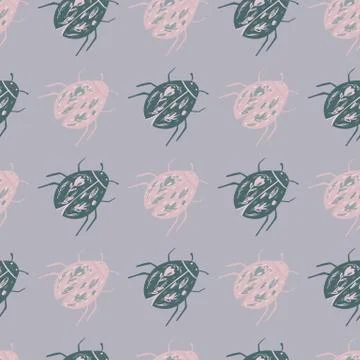 Seamless pale pattern with scarab beetle ornament. Pink and grey colores bugs Stock Illustration