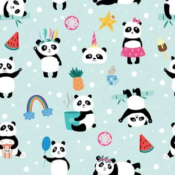 Seamless panda bear pattern on light blue background, flat vector illustration. イラスト素材