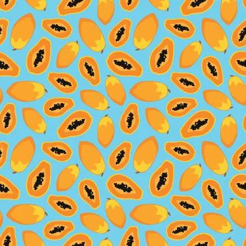 Seamless papaya fruit pattern on blue background Stock Illustration