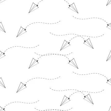 Seamless paper airplane pattern and dotted lines. Vector illustration backgro Stock Illustration