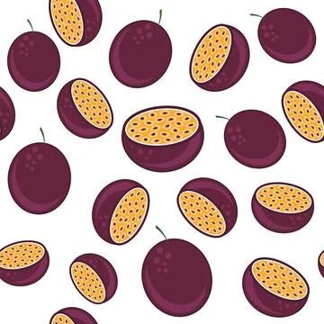 Seamless Passion Fruit Pattern with Brown Seeds on White Background. Tropical 스톡 일러스트