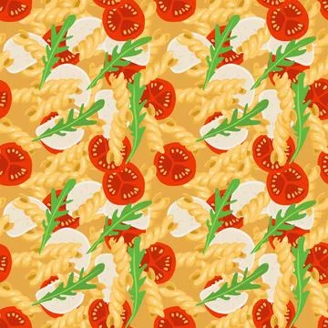 Seamless Pasta pattern. Tomato, Mozzarella, Green arugula Recipe. Fusilli pasta Stock Illustration