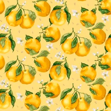 Seamless pastel color pattern with orange fruit tree branches, fruits and flo Stock Illustration