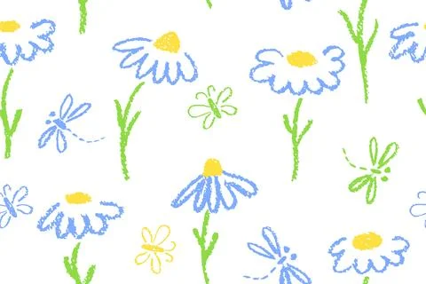 Seamless pastel crayon pattern with chamomile flowers, butterflies and Illustrazione stock