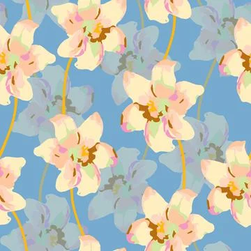 Seamless pastel flowers pattern on blue background , greeting card or fabric Stock Illustration