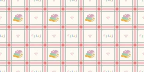 Seamless pastel grid pattern with books bows and letters on cream background Stock Illustration
