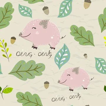 Seamless pastel pattern of mini-pig with floral elements on crumpled paper Stock Illustration