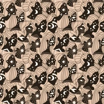 Seamless pastel pattern with single line drawing of woman face portrait with 스톡 일러스트