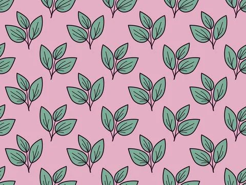 Seamless pastel pink pattern featuring stylized teal leaf sprigs.  Perfect .. Stock Illustration