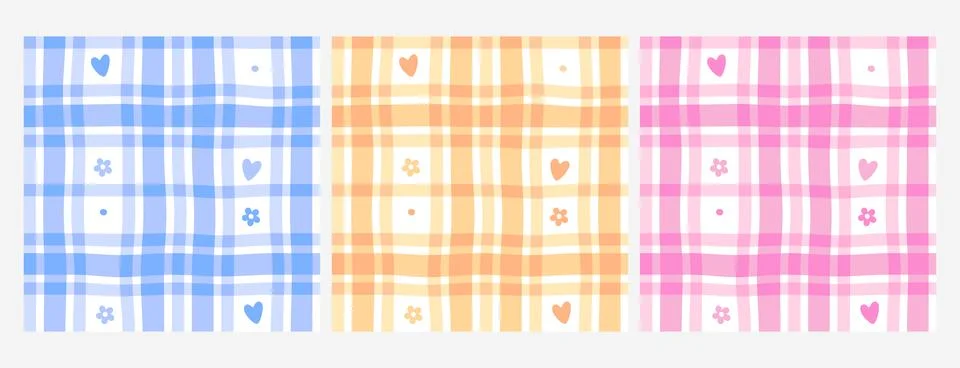 Seamless pastel plaid pattern with cute hearts and flowers, gingham check Stock Illustration