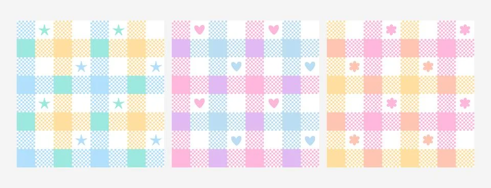 Seamless pastel plaid pattern with cute hearts, stars and flowers, gingham check Illustrazione stock