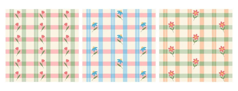 Seamless pastel plaid pattern with cute flowers, gingham check geometric texture Stock-Illustration