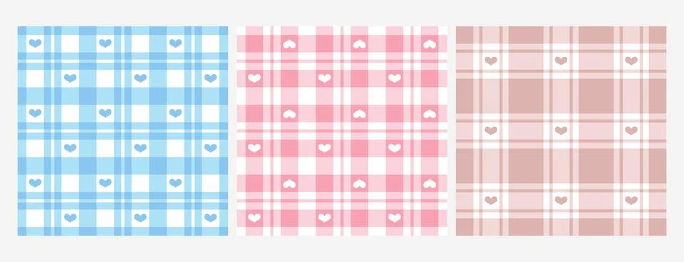 Seamless pastel plaid pattern with cute hearts, gingham check geometric texture Stock Illustration