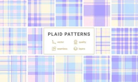 Seamless pastel plaid pattern with soft pink, blue, and cream checks. A class Stock Illustration