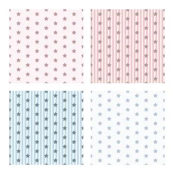Seamless pastel star patterns set baby pink and blue nursery striped and plain Illustrazione stock