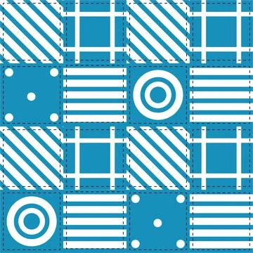 Seamless patchwork pattern in blue blue stripes and circles Stockillustratie