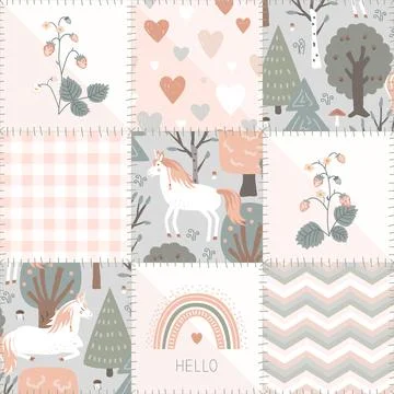 Seamless patchwork pattern with fairy unicorn forest, kawaii baby pastel dr.. Illustration