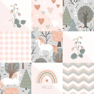 Seamless patchwork pattern with fairy unicorn forest, and kawaii baby pastel  Illustration
