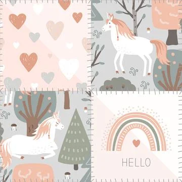 Seamless patchwork pattern with fairy unicorn forest, kawaii baby pastel dr.. Illustration