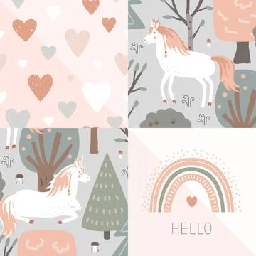 Seamless patchwork pattern with fairy unicorn forest, and kawaii baby pastel  Illustration