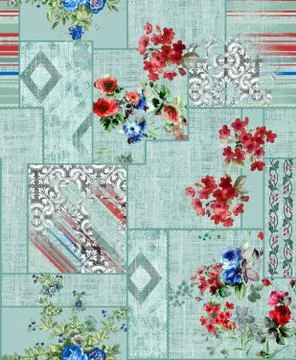 Seamless patchwork pattern with lines and flowers. Ethnic indian style. Stock Illustration