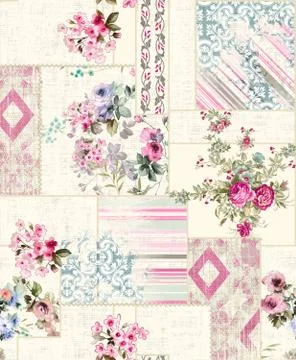 Seamless patchwork pattern with lines and flowers. Ethnic indian style. Illustrazione stock