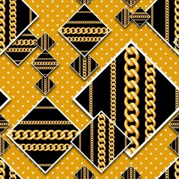 Seamless patchwork square chains pattern with dots on yellow background ready fo 库存插图