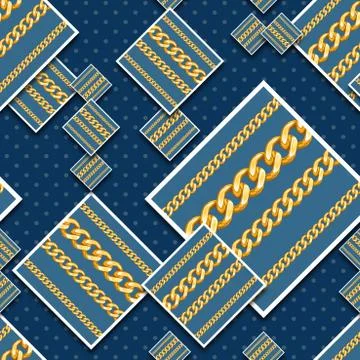 Seamless patchwork square chains pattern with dots on blue background ready for Stock Illustration