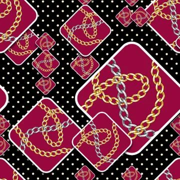 Seamless patchwork square chains pattern with dots on black background ready for Stockillustratie