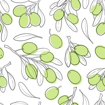 Seamless patten black and white sketch outline and green stain shape Olive .. Stock Illustration