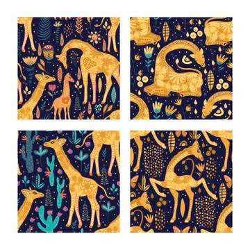 Seamless patten vector set ornate giraffes. Stock Illustration