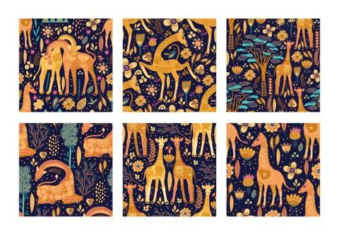 Seamless patten vector set ornate giraffes. Stock Illustration
