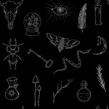 Seamless patter of occult elements. Vector background. Stock Illustration