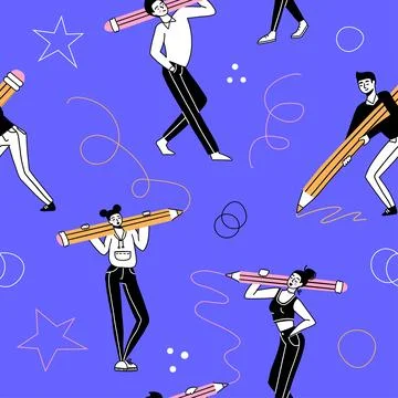 Seamless patterb with students holding big pencils. Students writing and drawing Stock Illustration