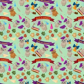 Seamless pattern 1 flat illustration on school theme, bird owl holding a vari Stock Illustration