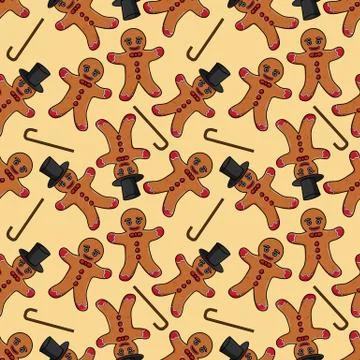 Seamless pattern 1 illustration of gingerbread man in a cylinder with a cane Stock Illustration