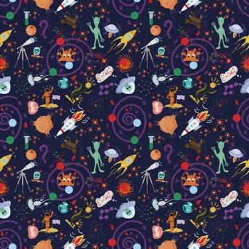 Seamless pattern 2 of childrens drawings in flat style on space theme Stock Illustration