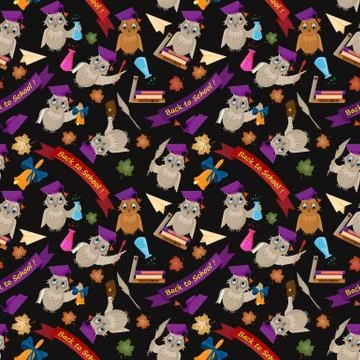 Seamless pattern 2 flat illustration on school theme, bird owl holding a vari Stock Illustration