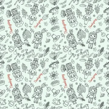 Seamless pattern 2 illustration in childrens drawing style thanksgiving day, Stock Illustration