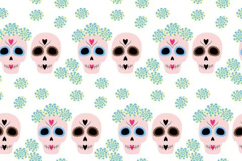 Seamless pattern of 2 Sugar Skull and flowers in trendy soft shades. Happy Day Stock Illustration