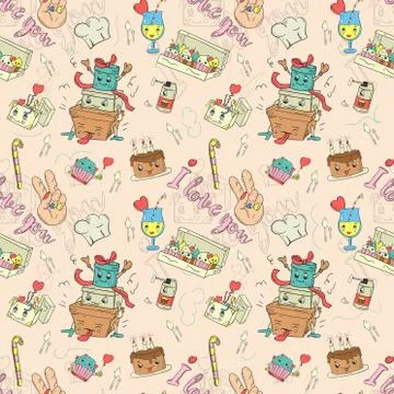 Seamless pattern 3 background of colorful stickers icons in Doodle style them Stock Illustration