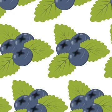 Seamless pattern of 3 blueberries and leaves in trendy shades. Healthy eating Stock Illustration