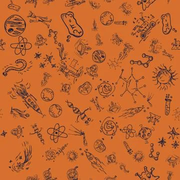 Seamless pattern 3 of childrens contour drawings on space theme Stock Illustration