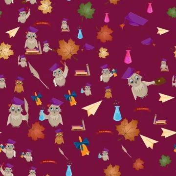 Seamless pattern 3 flat illustration on school theme, bird owl holding a vari Stock Illustration