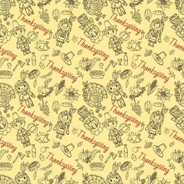 Seamless pattern 3 illustration in childrens drawing style thanksgiving day, Stock Illustration